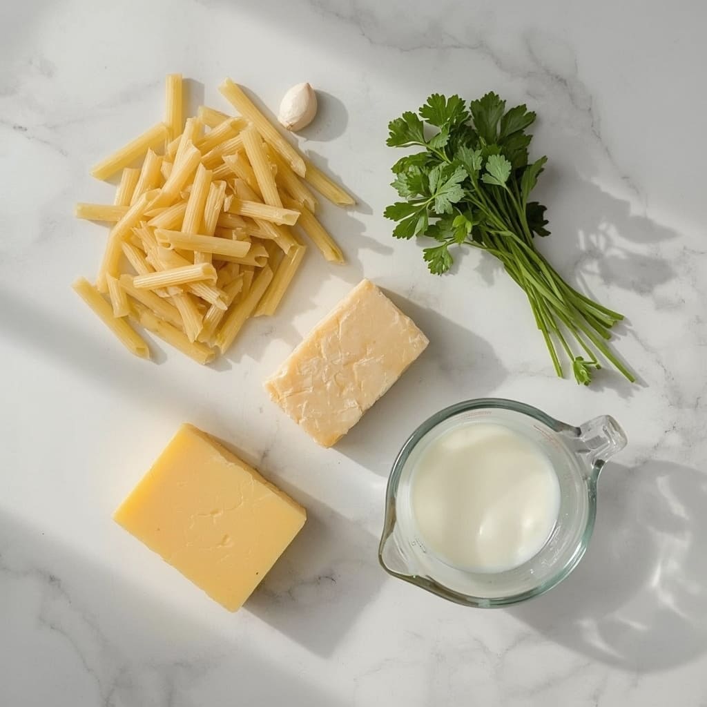 Ingredients for penne pasta and Alfredo sauce