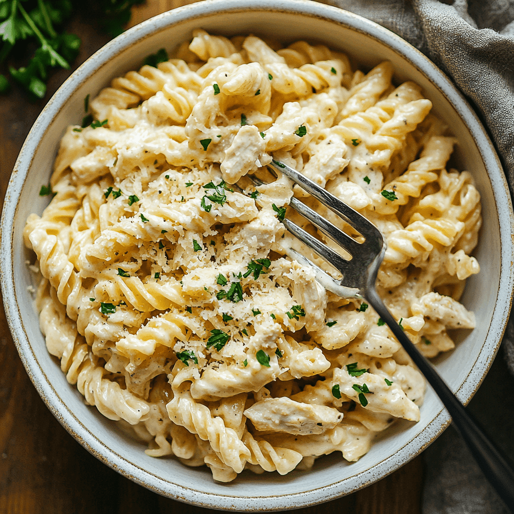 Creamy Chicken Garlic Parmesan Pasta in ceramic bowl