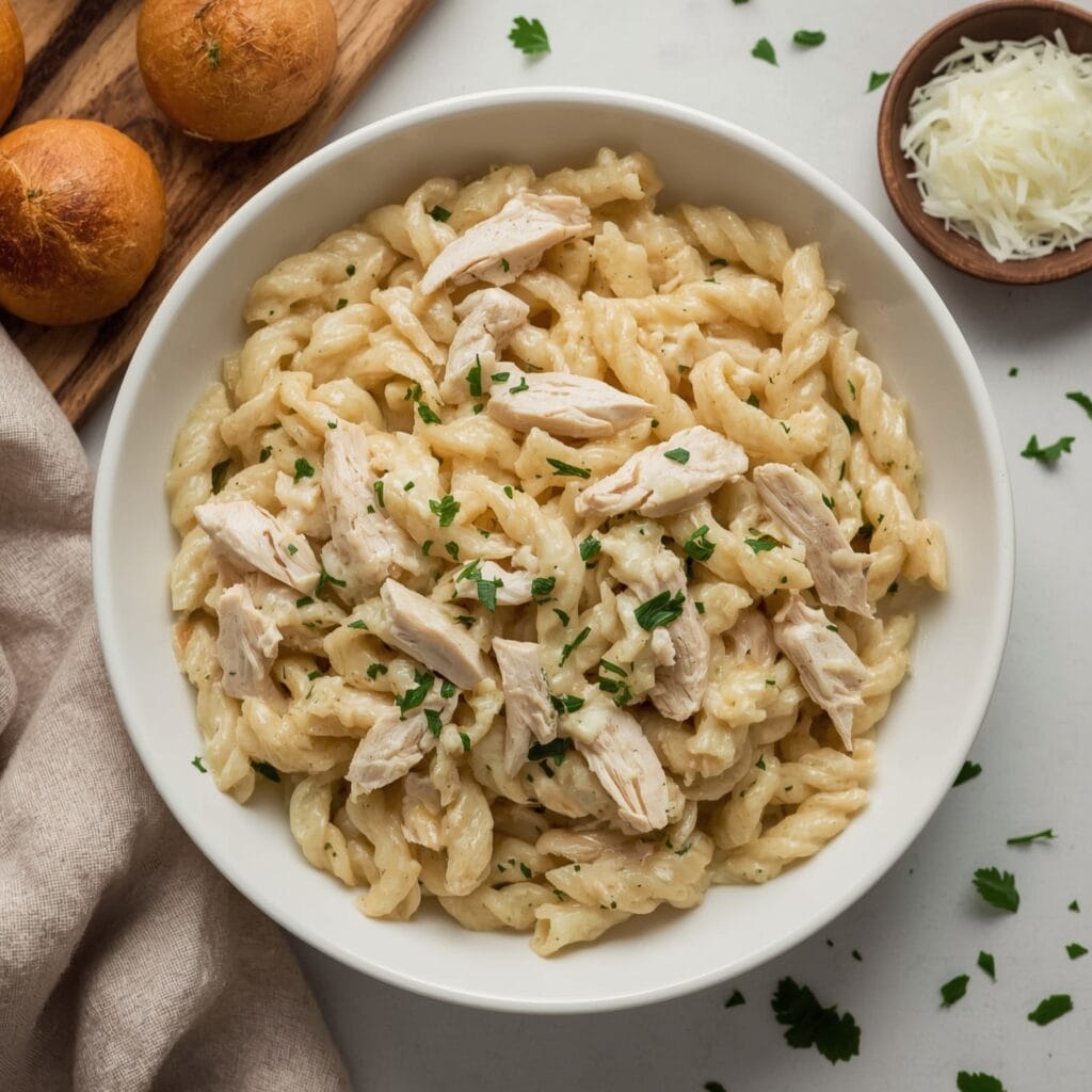 Fork twirling creamy chicken garlic pasta