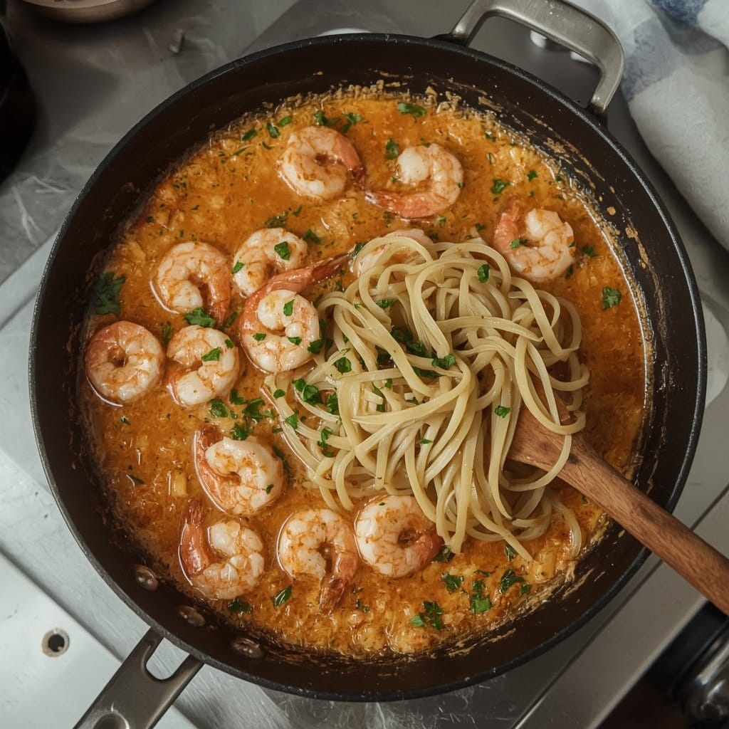 Pasta being mixed with lobster bisque sauce