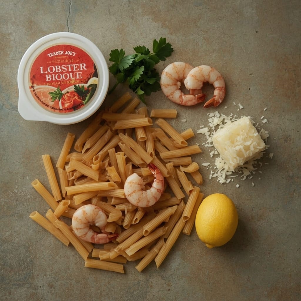 Trader Joe’s lobster bisque container, dry pasta (rigatoni, penne), shrimp, parsley, lemon, parmesan cheese, on a stone counter