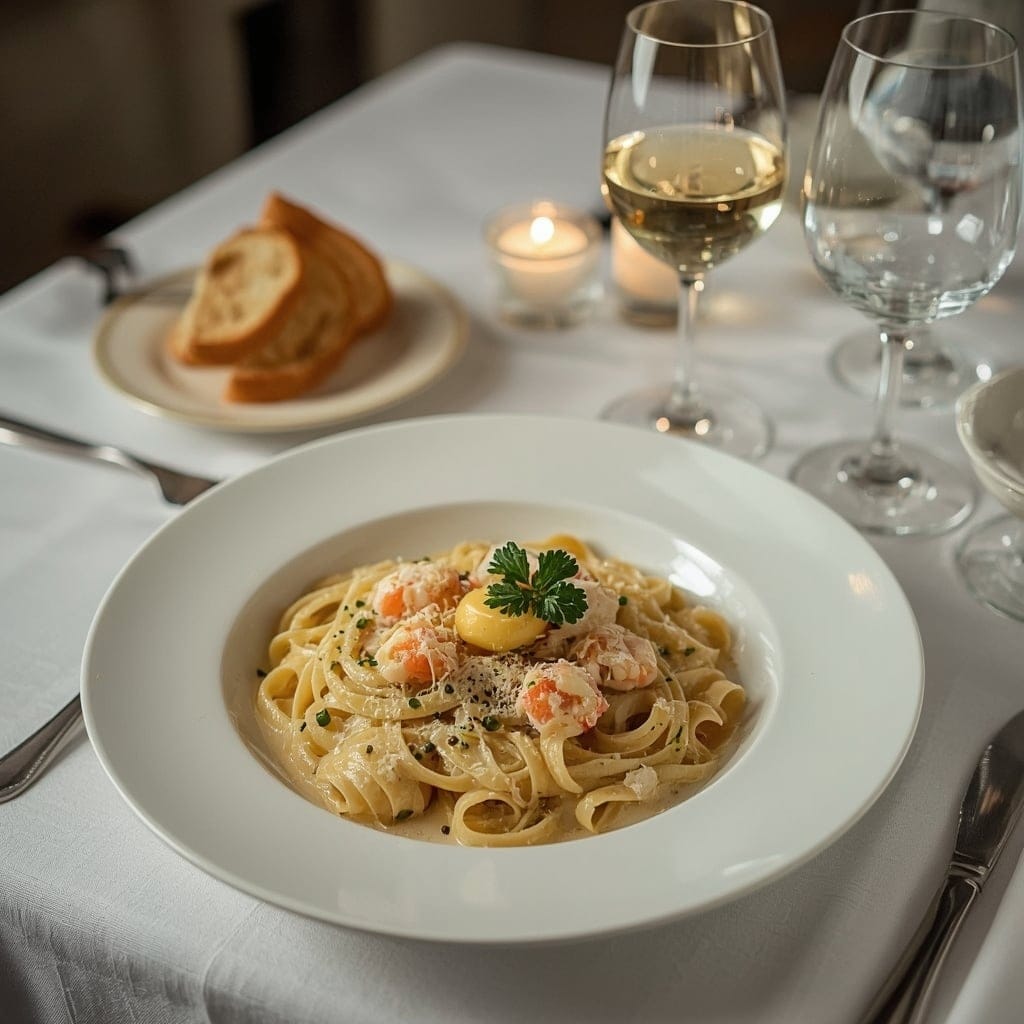 Served lobster bisque pasta with garlic bread