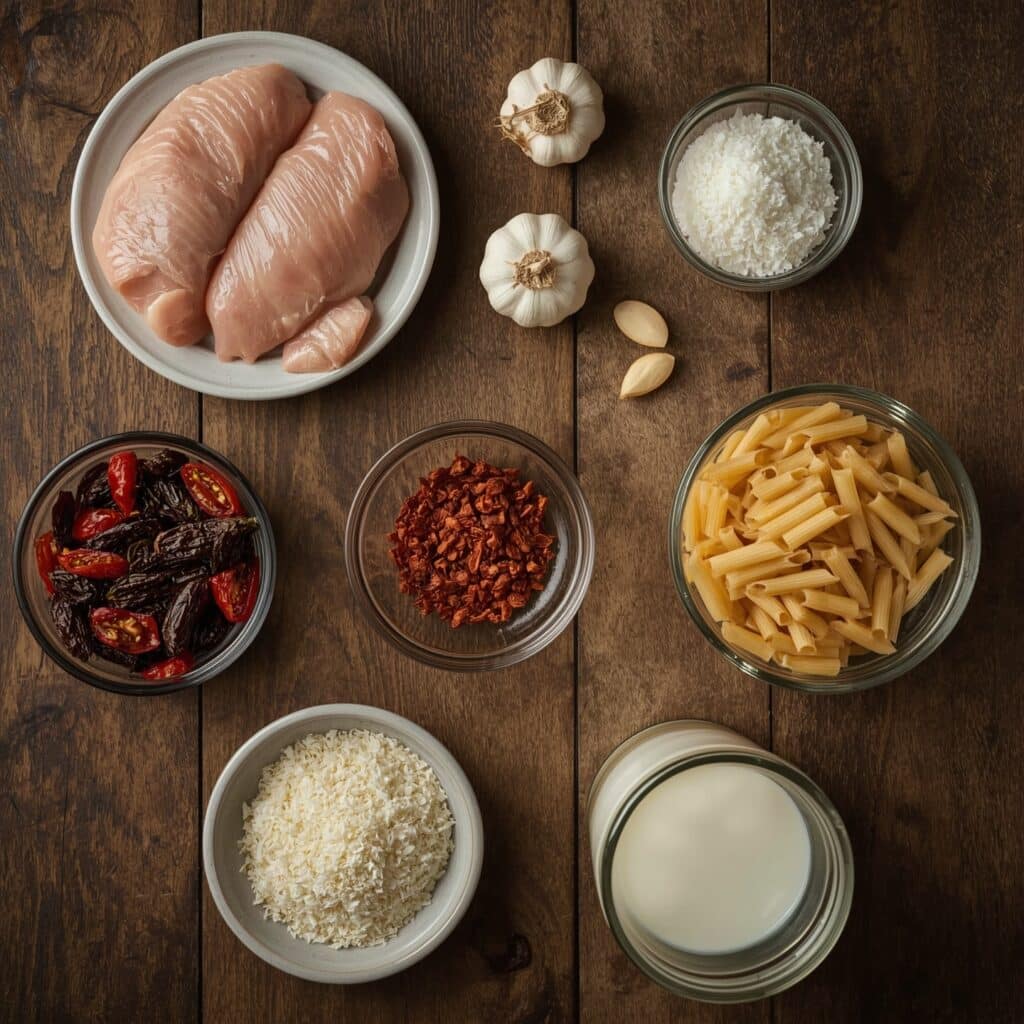 marry me chicken pasta ingredients on rustic table