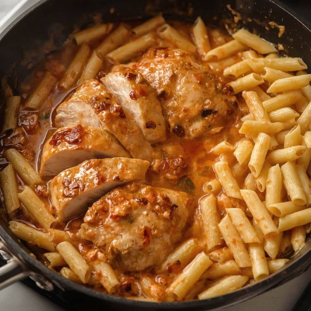 marry me chicken pasta served with bread and white wine