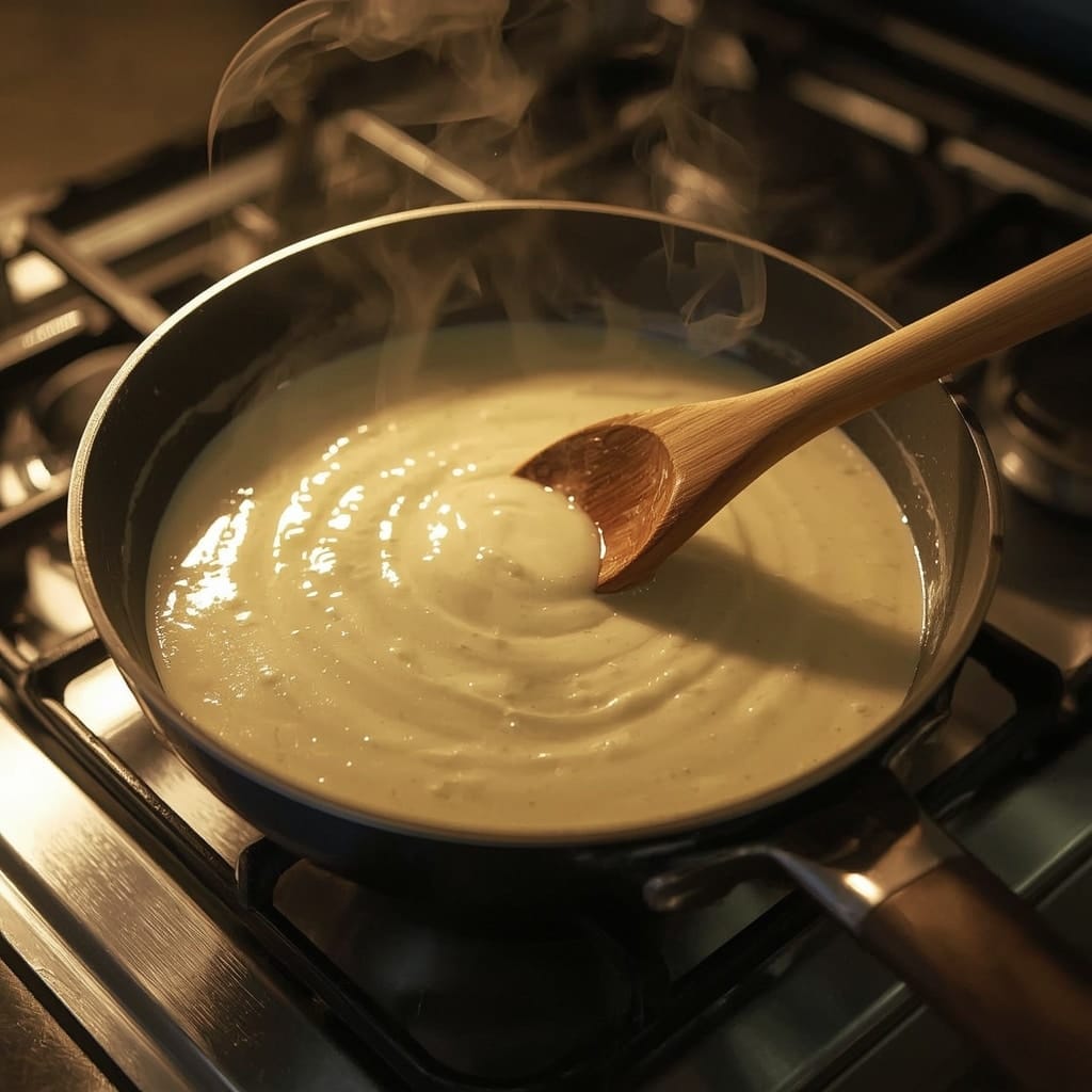 Alfredo sauce cooking in a pan