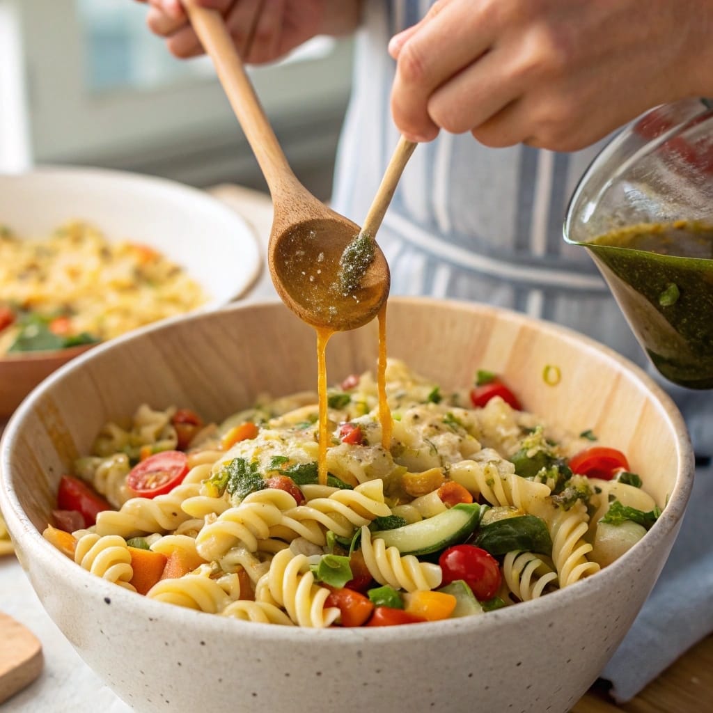 Mixing Italian Grinder pasta salad with dressing