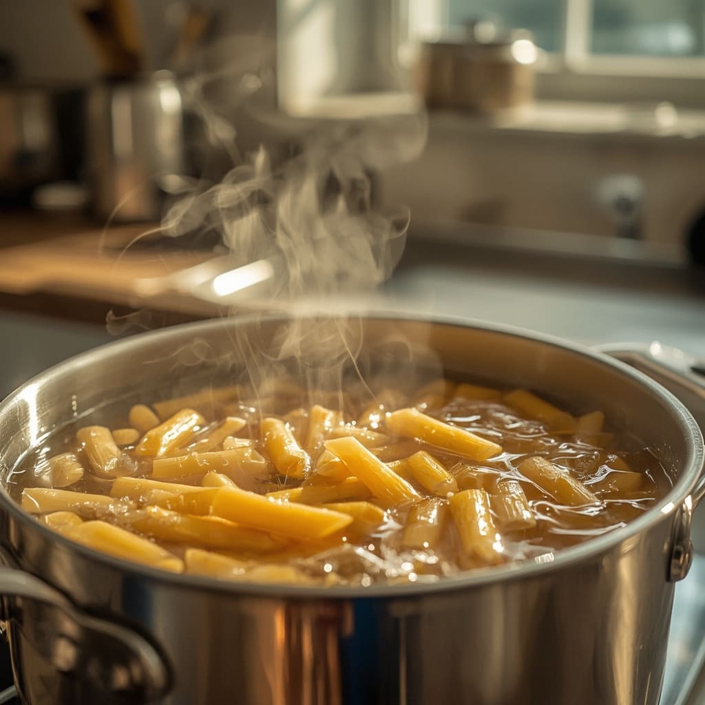 Penne pasta and Alfredo sauce in a rustic bowl
