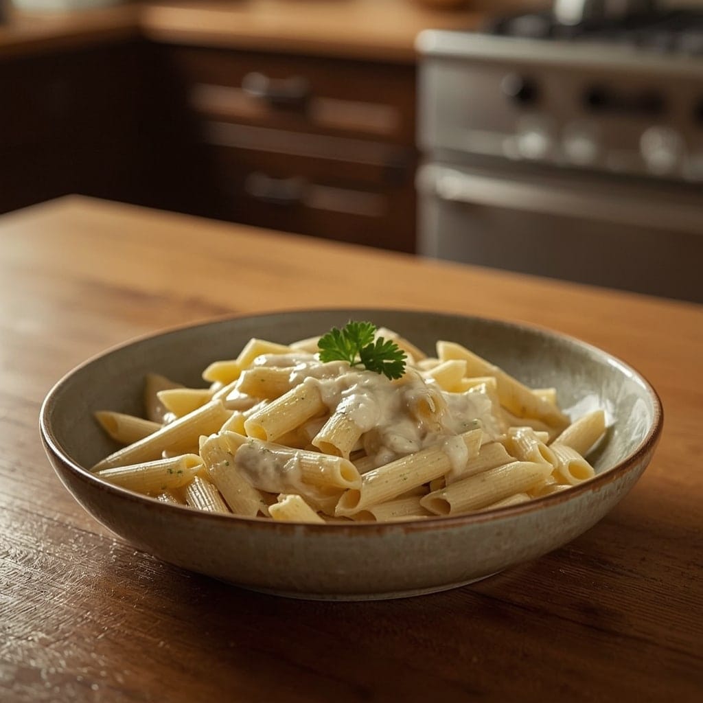 Penne pasta and Alfredo sauce in a rustic bowl